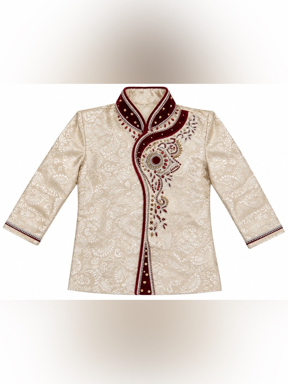 Boys Cream & Burgundy Embellished Indian Sherwani Top Size 2